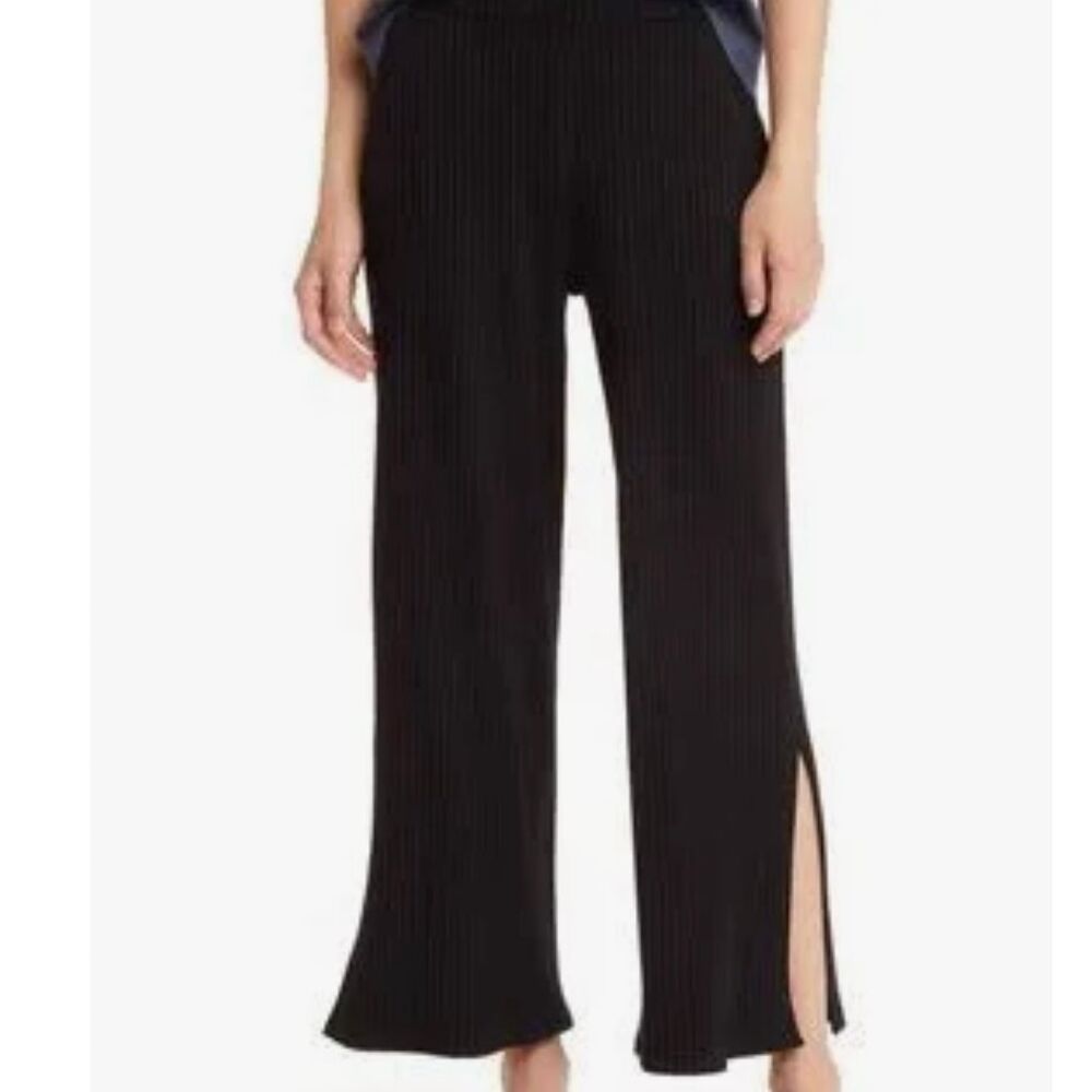 Eileen Fisher Black Ribbed Pull On Pants Wide Leg Side Slit Sz 1XL